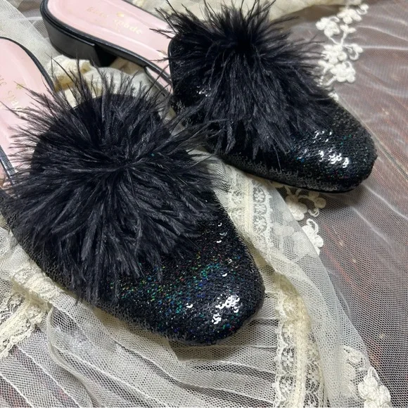 Kate Spade black sequin flat with feather details size 7.5 step un - Picture 1 of 6